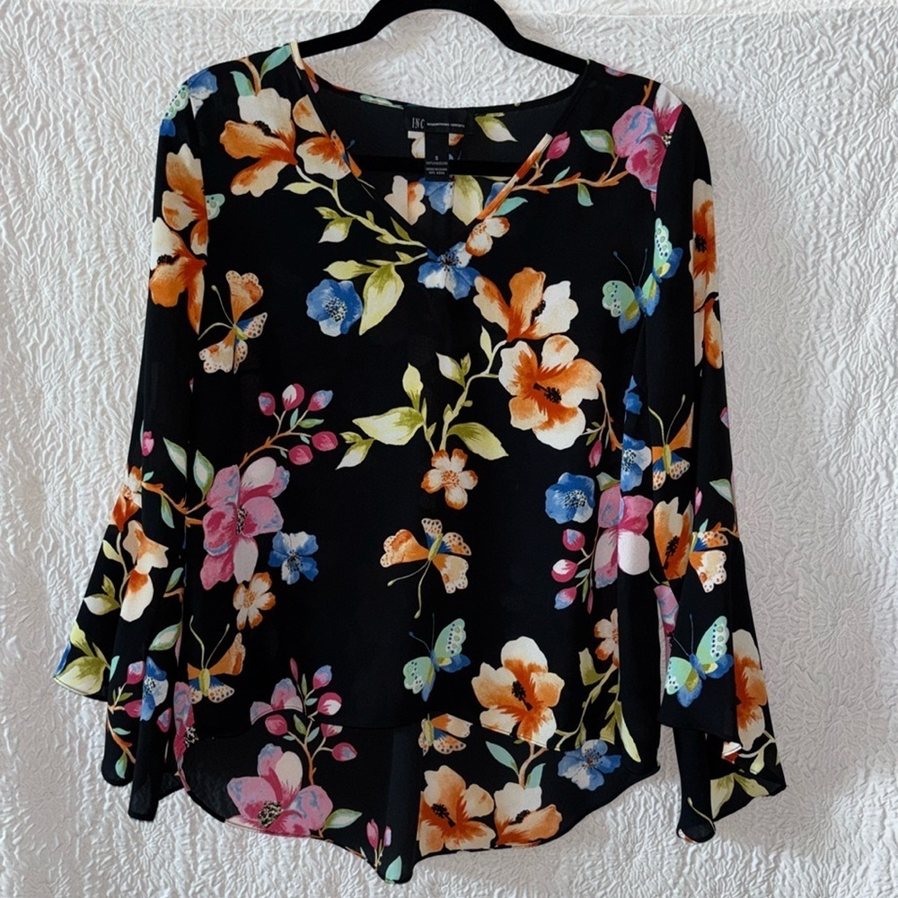 INC International Concepts Floral & Butterfly High Low Long Sleeve Blouse